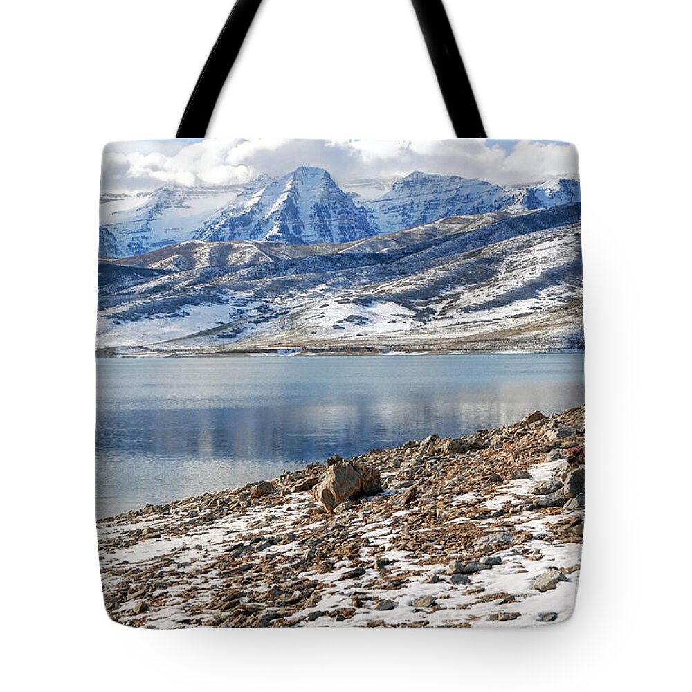 Mount Timpanogos Tote Bag featuring the photograph Winter Mt. Timpanogos and Deer Creek Reservoir by Gary Whitton