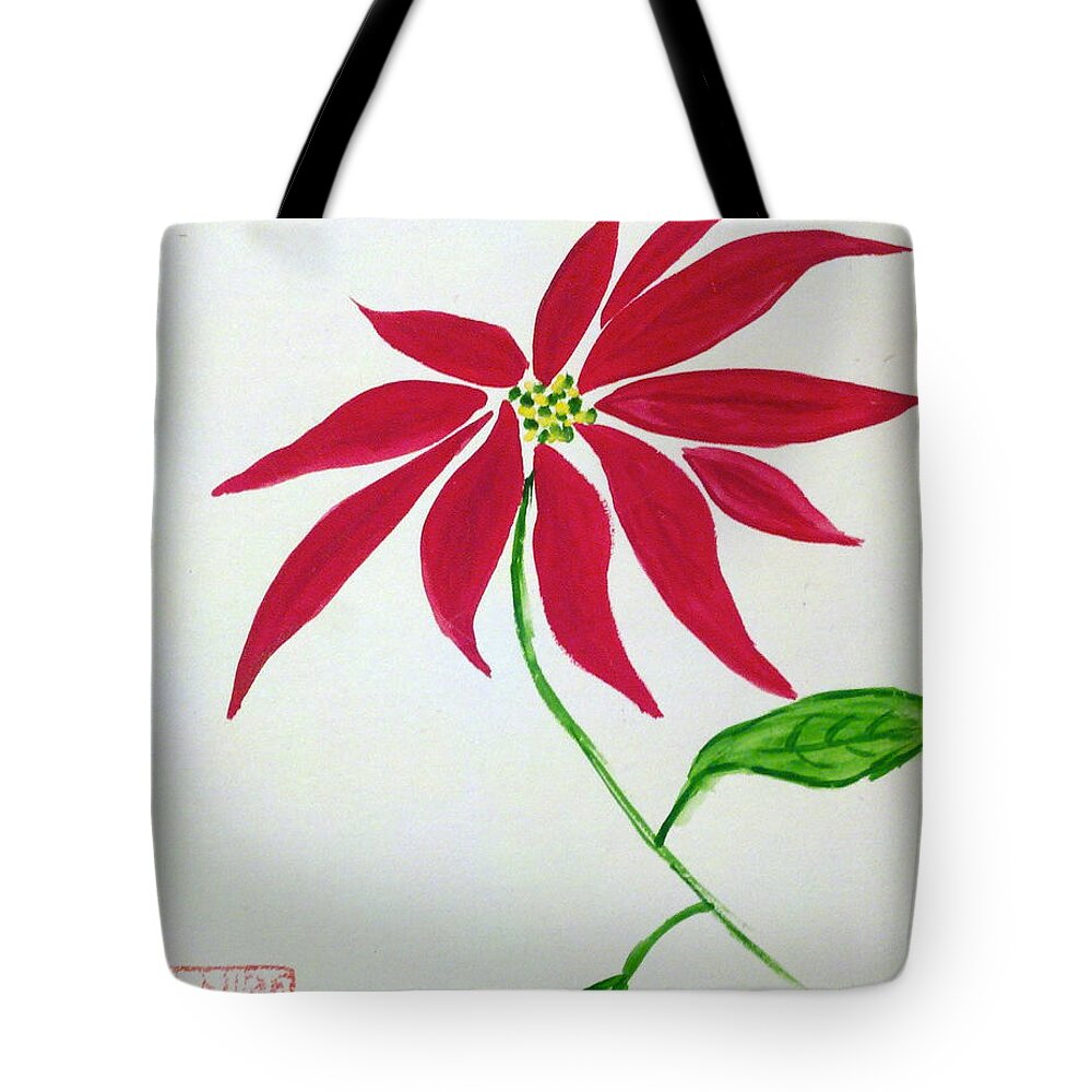 Season Greetings Winter Poinsettia Tote Bag featuring the painting Winter poinsettia by Margaret Welsh Willowsilk