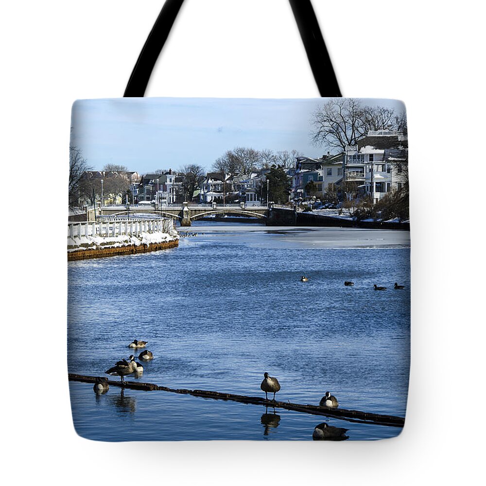 Geese Tote Bag featuring the photograph Winter Scene Jersey Shore Town by Maureen E Ritter