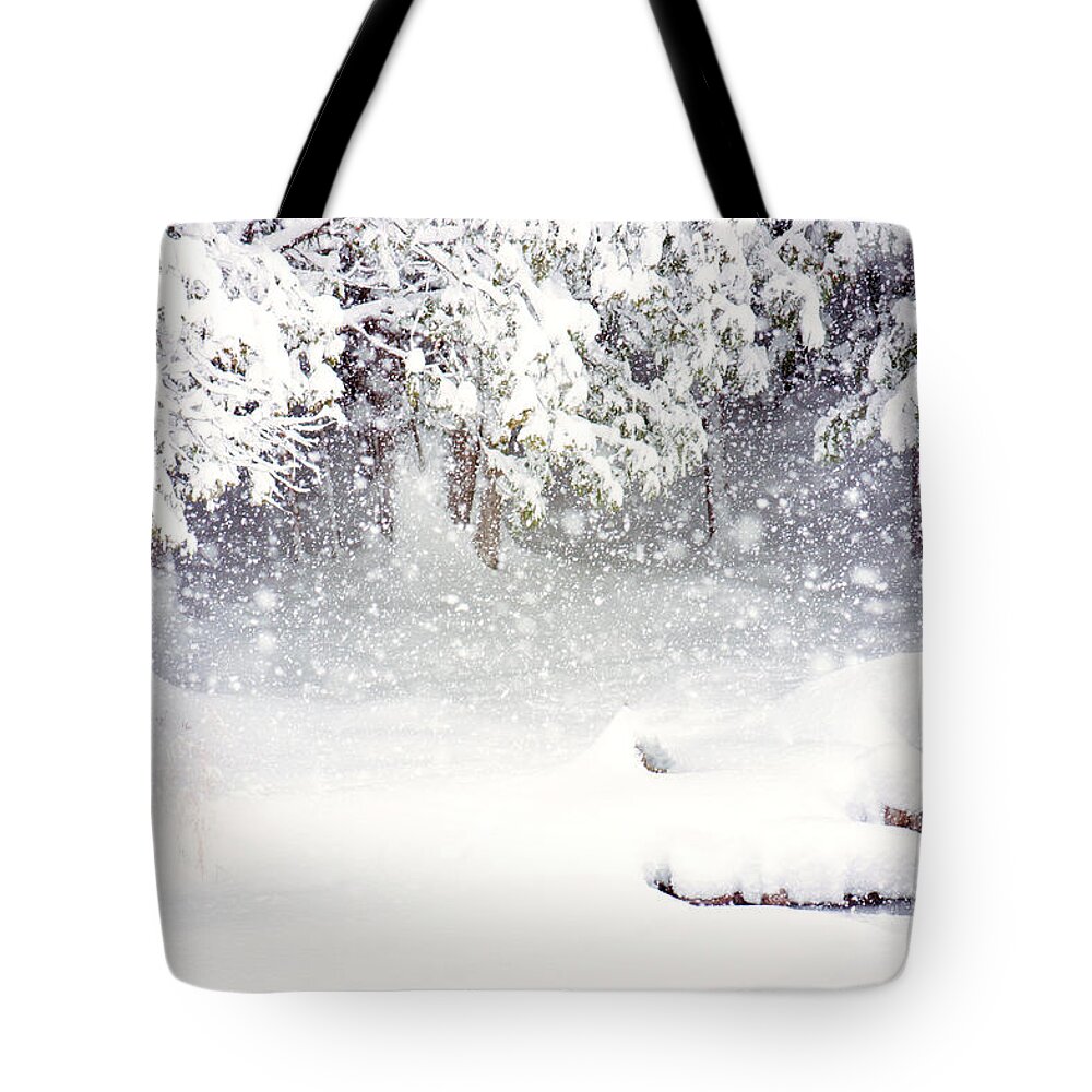 Winter Snow Bridge Picture Tote Bag featuring the photograph Winter Snow Bridge by Gwen Gibson