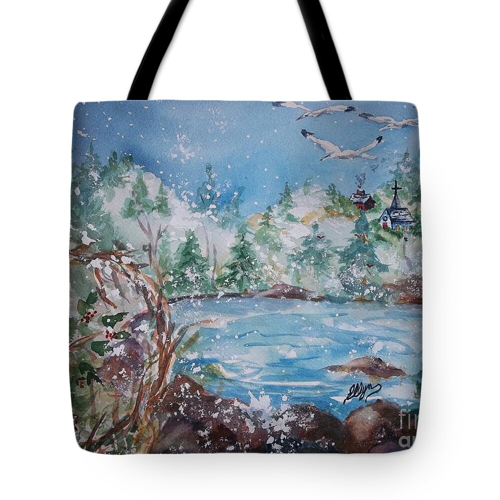 Quaint Country Village Tote Bag featuring the painting Winter Solstice by Ellen Levinson