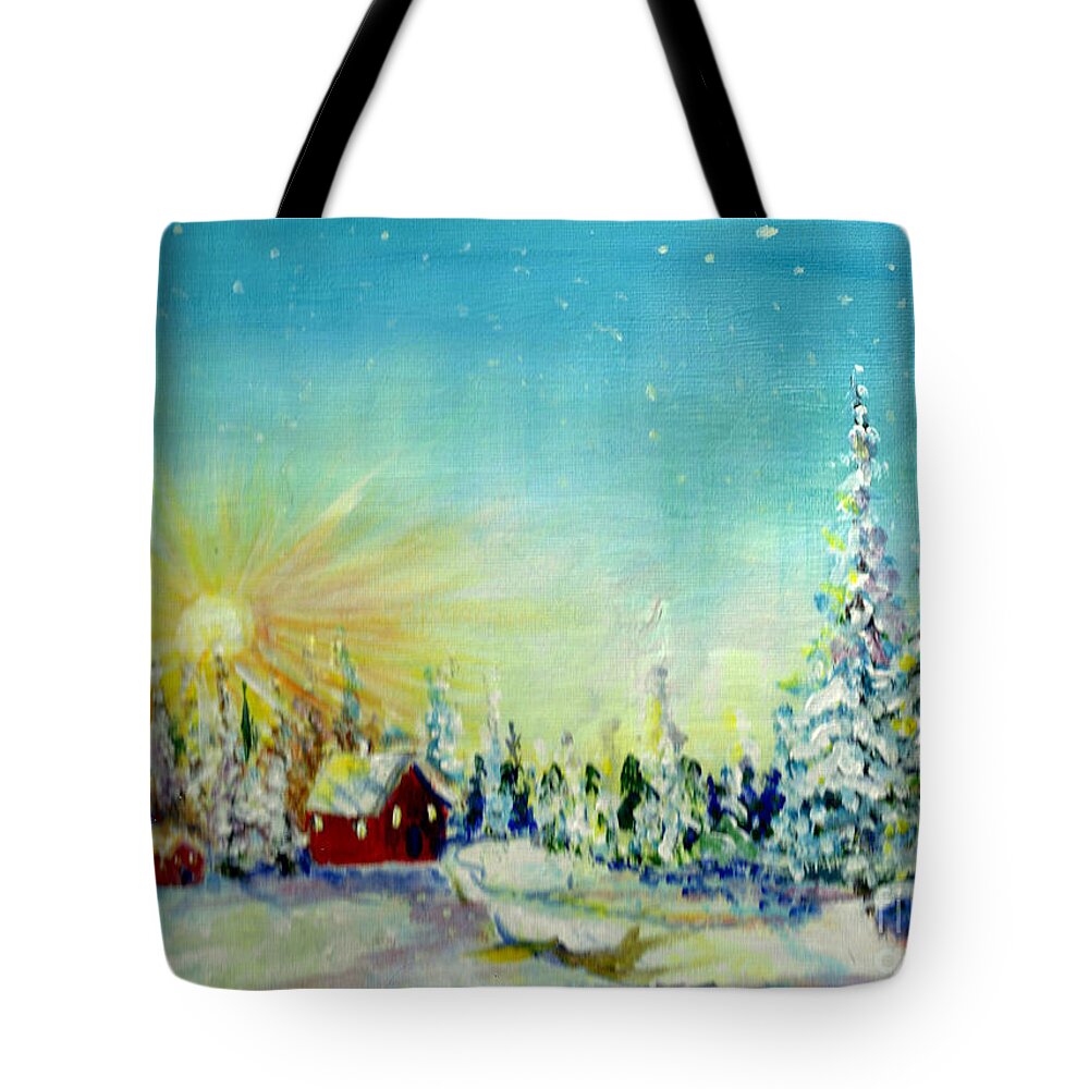 Landscape Tote Bag featuring the painting Winter sun by Sarabjit Singh