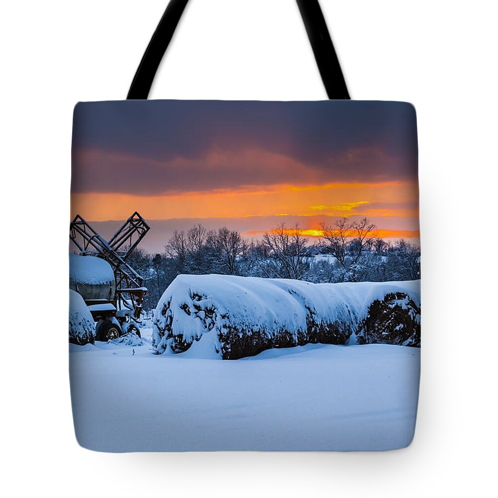 Snow Tote Bag featuring the photograph Winter Sunset on the Farm by Holden The Moment