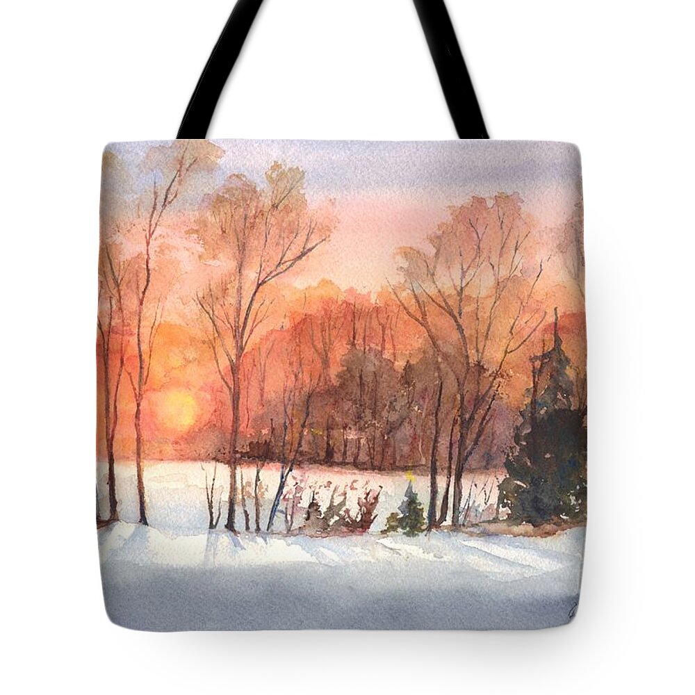 Winter Tote Bag featuring the painting A Hedgerow Sunset by Carol Wisniewski
