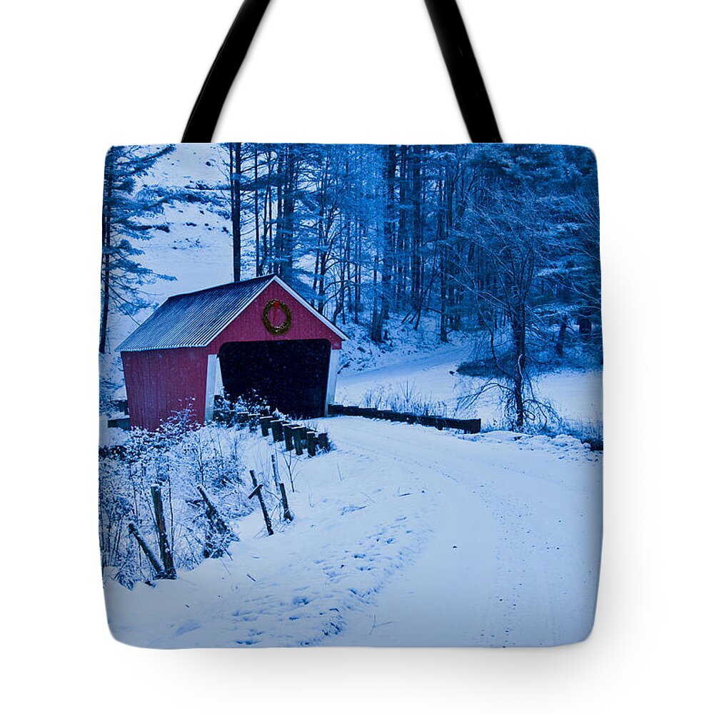 Vermont Covered Bridge Tote Bag featuring the photograph winter Vermont covered bridge by Jeff Folger