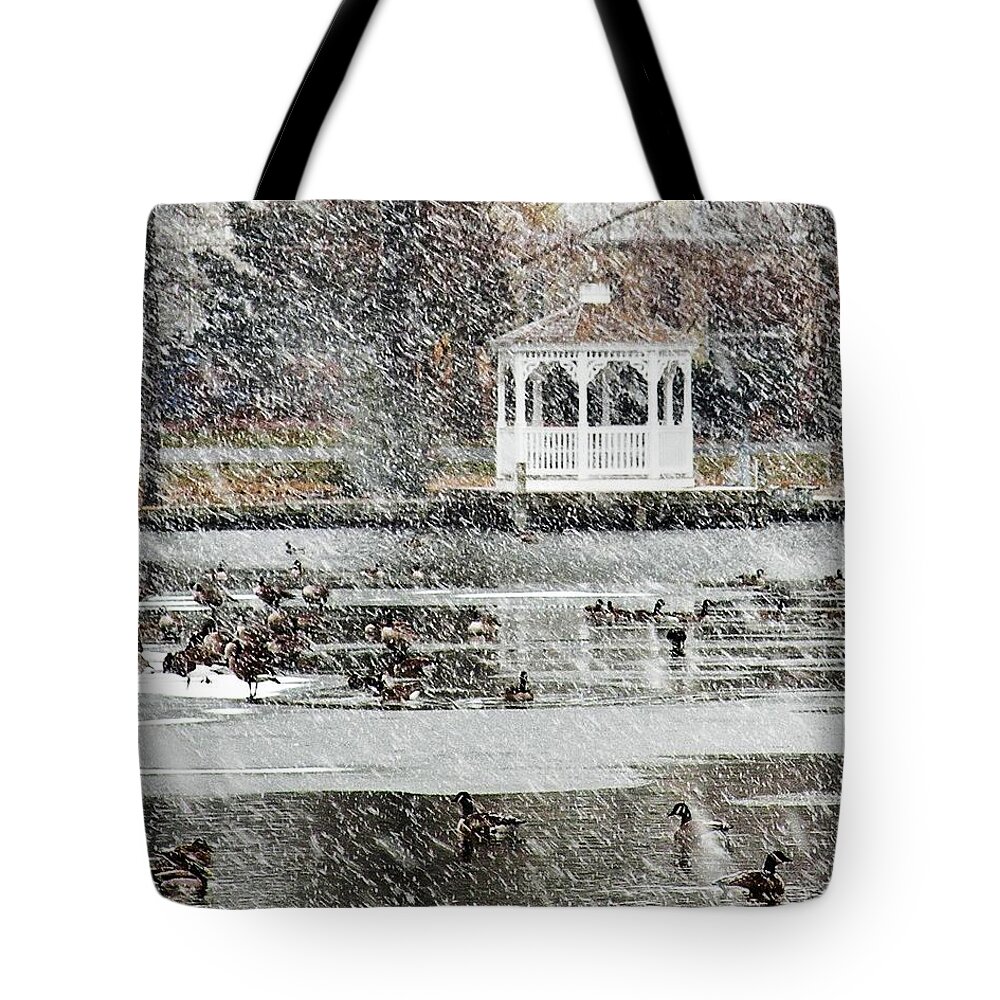Goose Tote Bag featuring the photograph Wintering Geese on Silver Lake by Kim Bemis