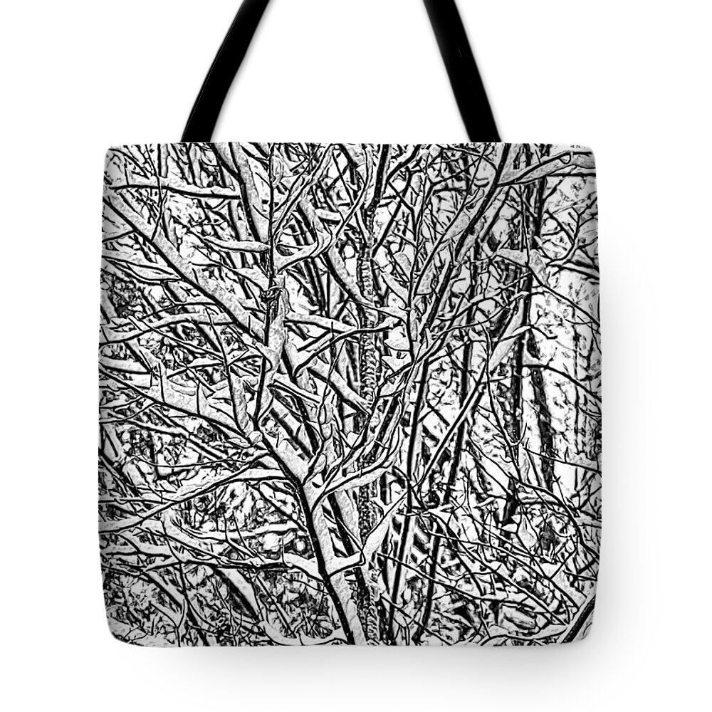 Snow Tote Bag featuring the mixed media Winters Branches by John Haldane
