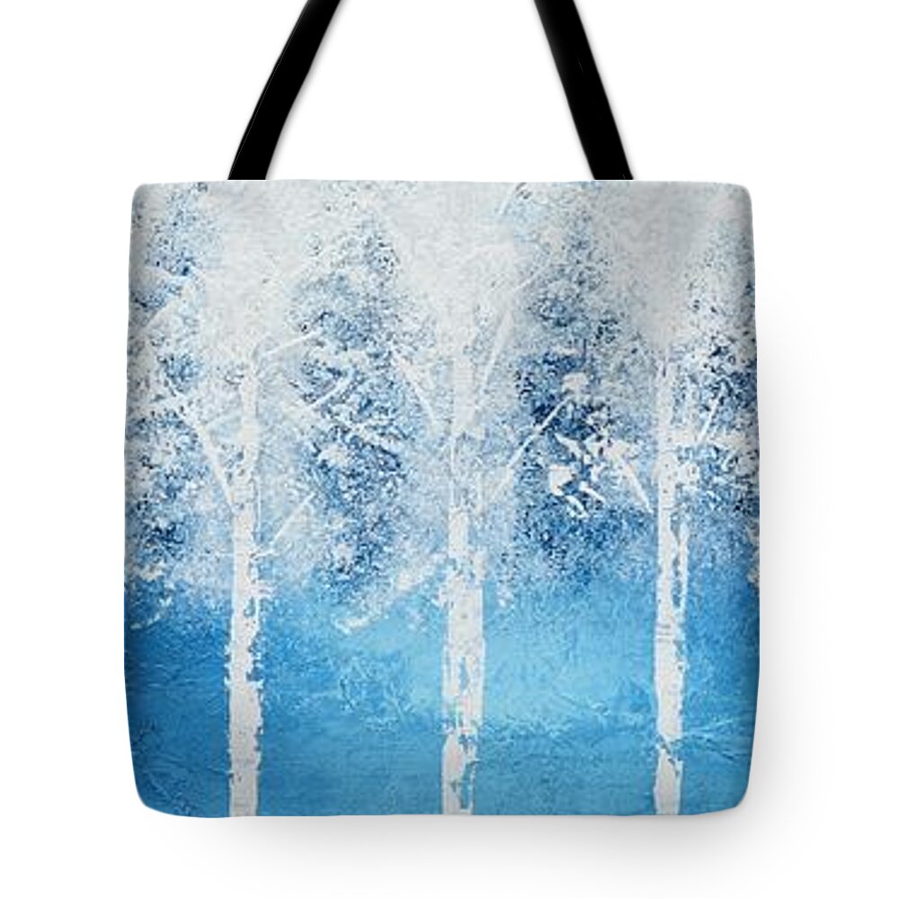 White Trees Tote Bag featuring the painting Wintry Mix by Linda Bailey