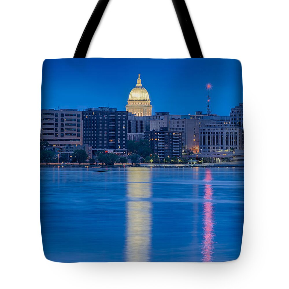 Capitol Tote Bag featuring the photograph Wisconsin Capitol Reflection by Sebastian Musial