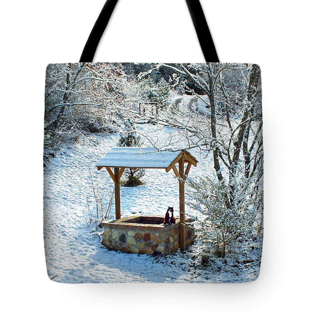 Landscapes Tote Bag featuring the photograph Wishing Well in the Snow with Kitty Cat by Duane McCullough