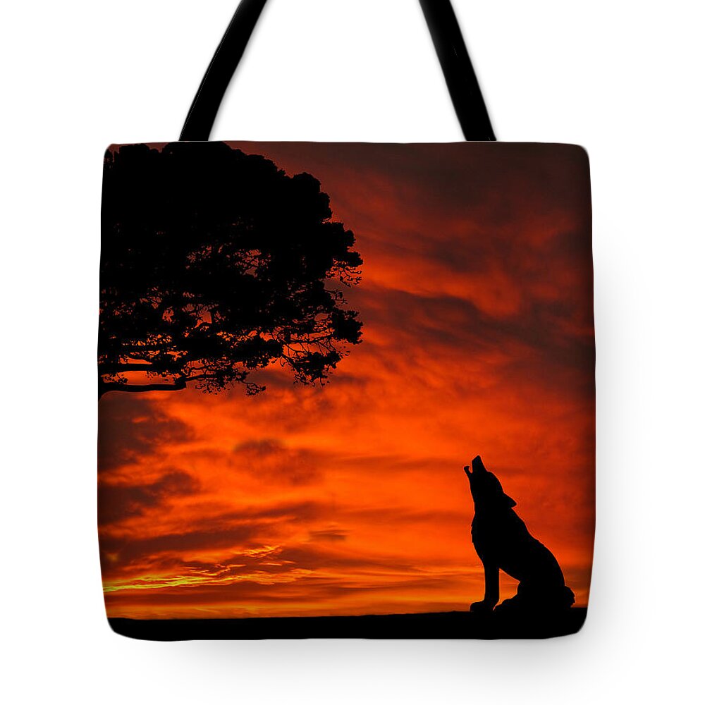 Wolf Tote Bag featuring the photograph Wolf Calling For Mate Sunset Silhouette Series by David Dehner