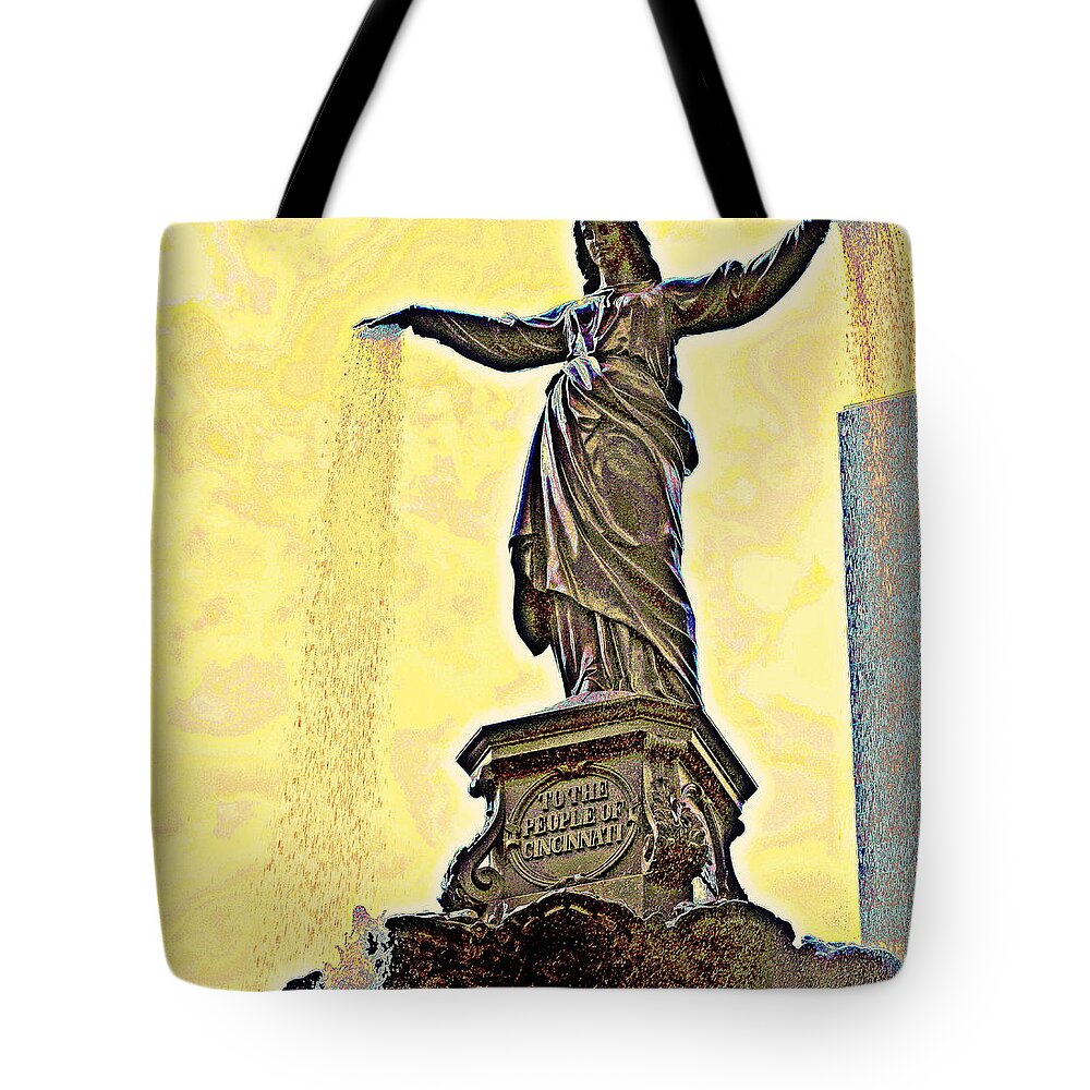 Fountain Square Tote Bag featuring the photograph Woman and Flowing Water Sculpture at Fountain Square by Kathy Barney