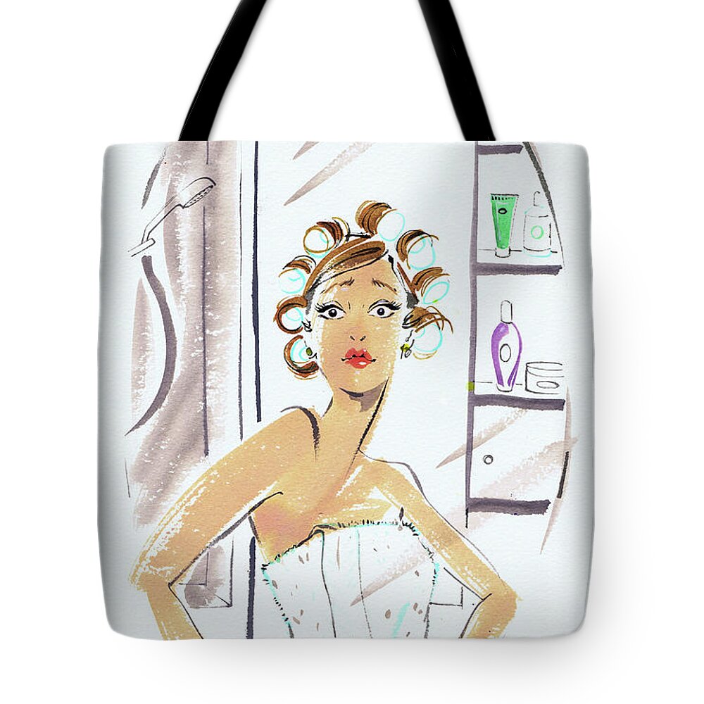 20-24 Years Tote Bag featuring the painting Woman In Curlers And Towel Looking by Ikon Images