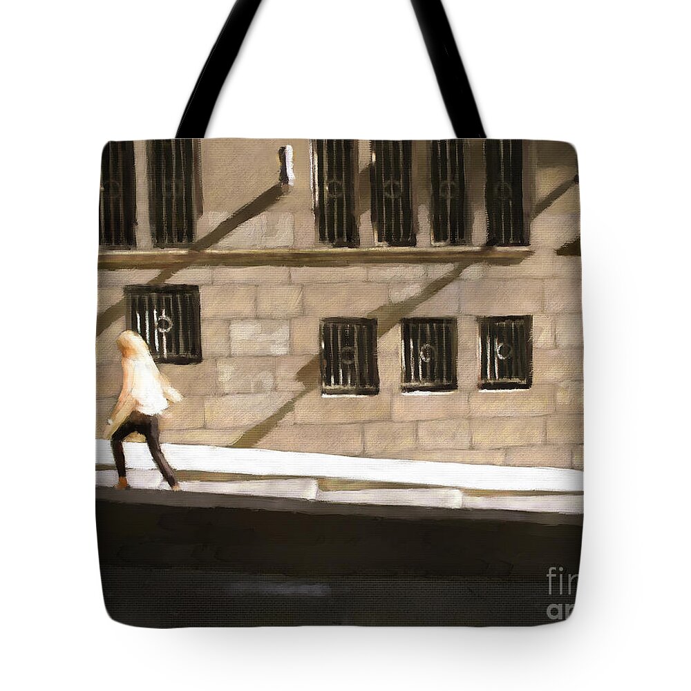 Street Scene Tote Bag featuring the digital art Woman Walking Up Hill by Jon Munson II