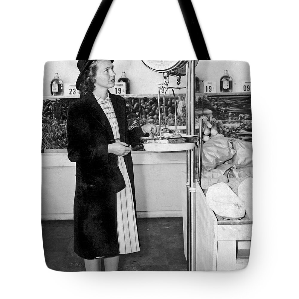 1035-1161 Tote Bag featuring the photograph Woman Weighing Vegetables by Underwood Archives