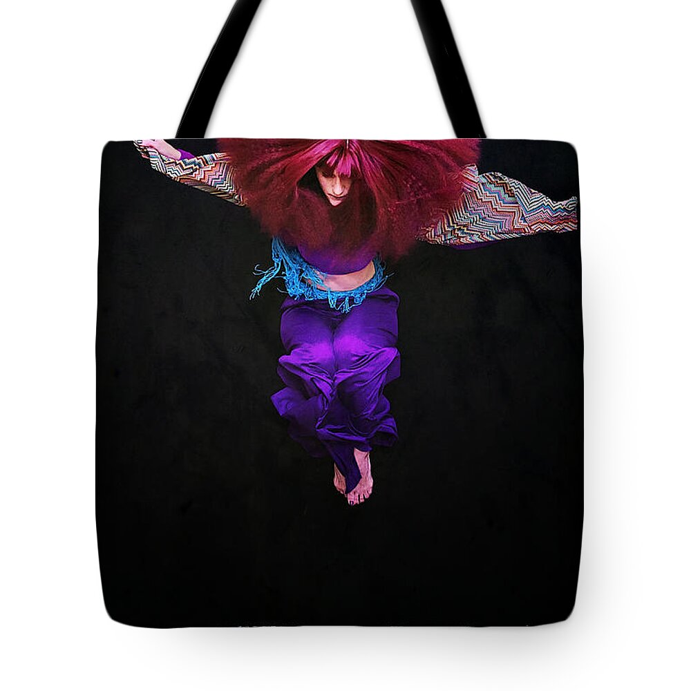 Human Arm Tote Bag featuring the photograph Woman With Big Hair Jumping by Cynthia Saxon Cox