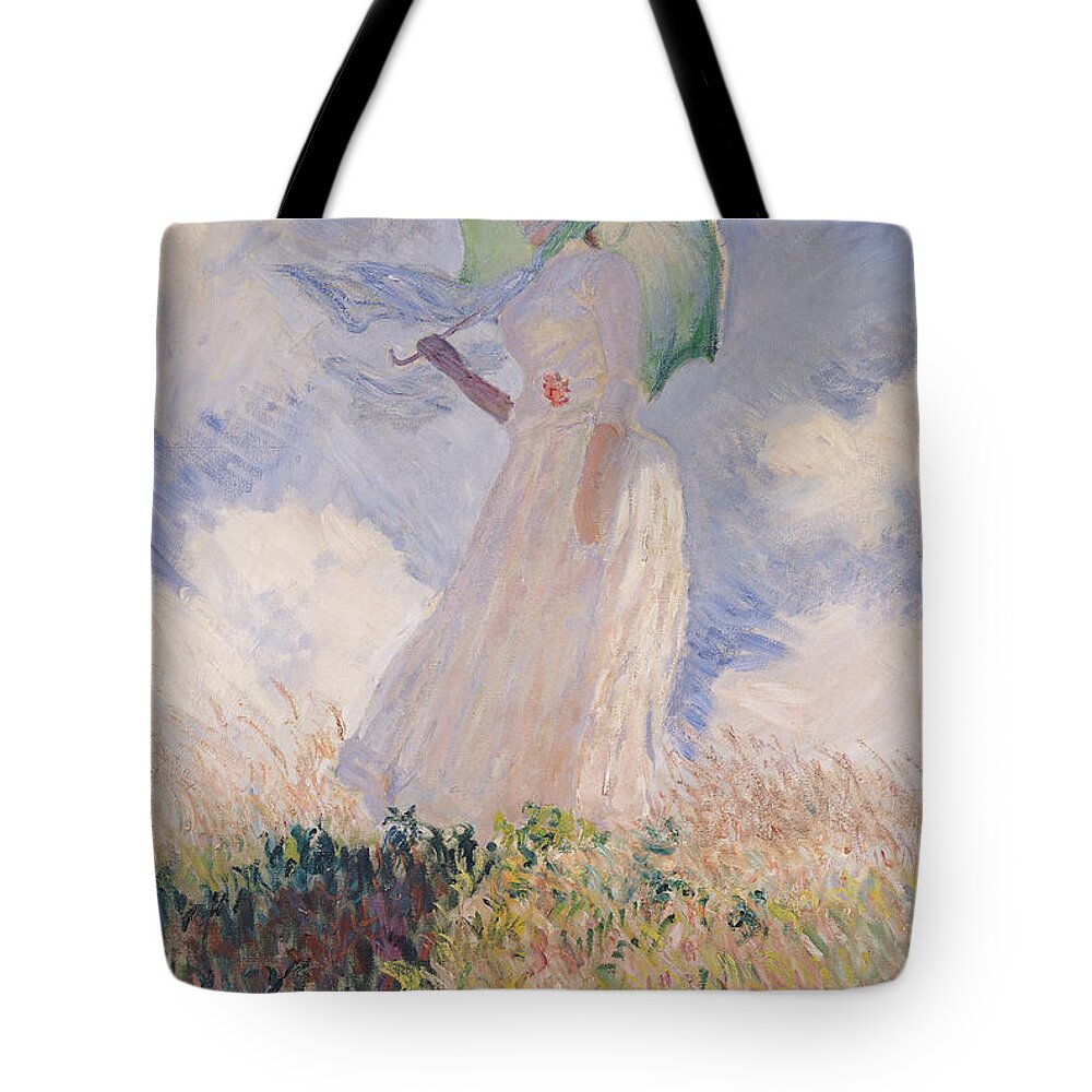 Woman With Parasol Turned To The Left Tote Bag featuring the painting Woman with Parasol turned to the Left by Claude Monet