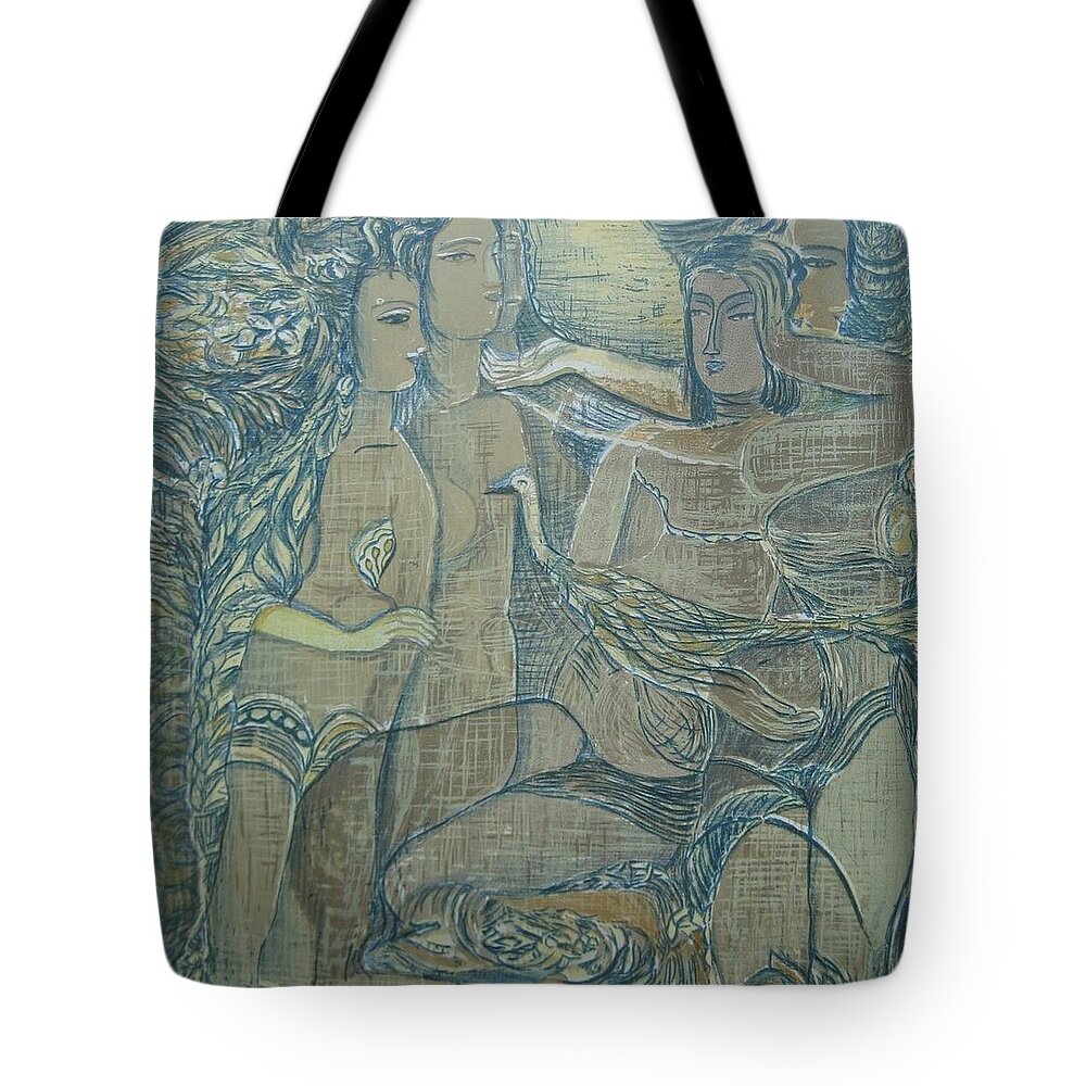 Prints Tote Bag featuring the painting Women Chatting by Ousama Lazkani