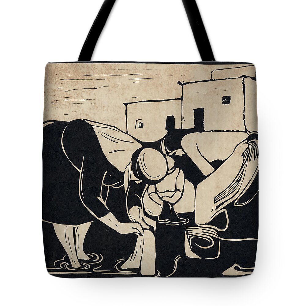  Tote Bag featuring the drawing Women Washing Clothes by Mamoun Sakkal