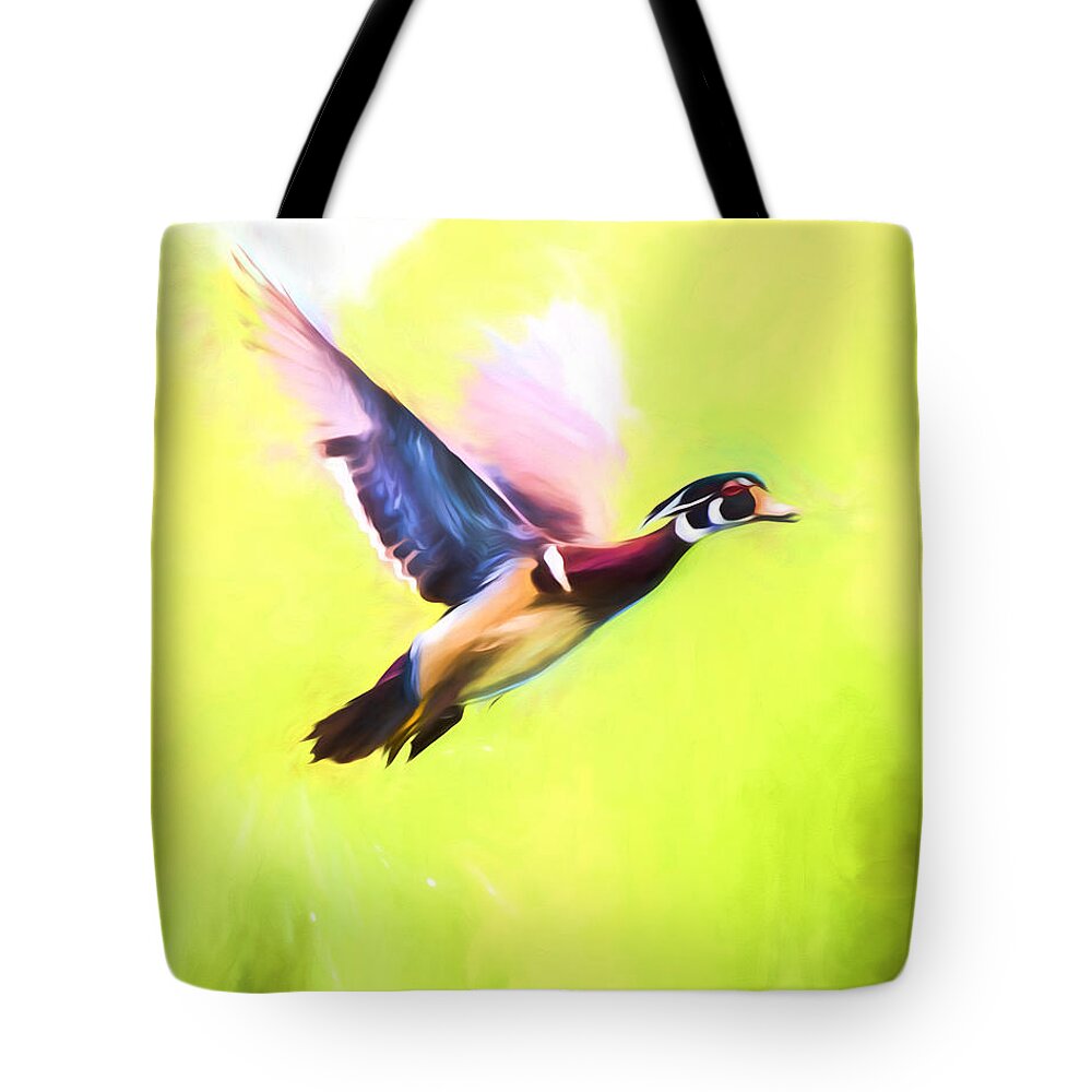 Wood Duck Tote Bag featuring the mixed media Wood Duck In Flight Art by Priya Ghose