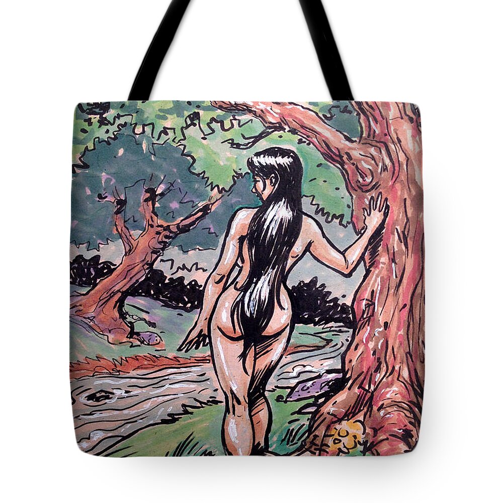 Nymph Tote Bag featuring the drawing Wood Nymph by John Ashton Golden