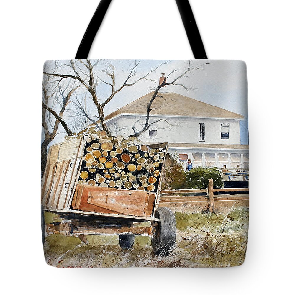 A Wagon Load Of Wood Sets In The Backyard Of A Farmhouse. Friends And Family Are Gathered On The Back Porch. Tote Bag featuring the painting Wood Wagon by Monte Toon