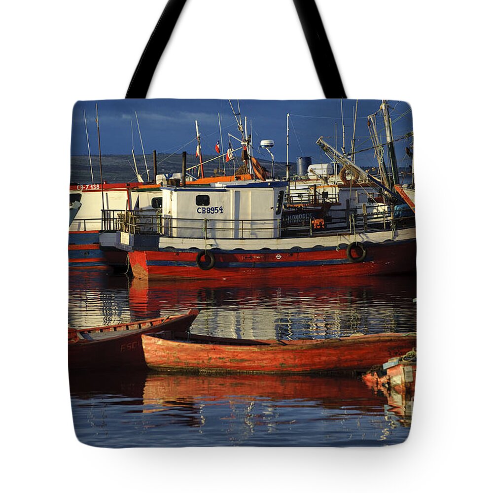 Chile Tote Bag featuring the photograph Wooden Fishing Boats Docked In Chile by John Shaw