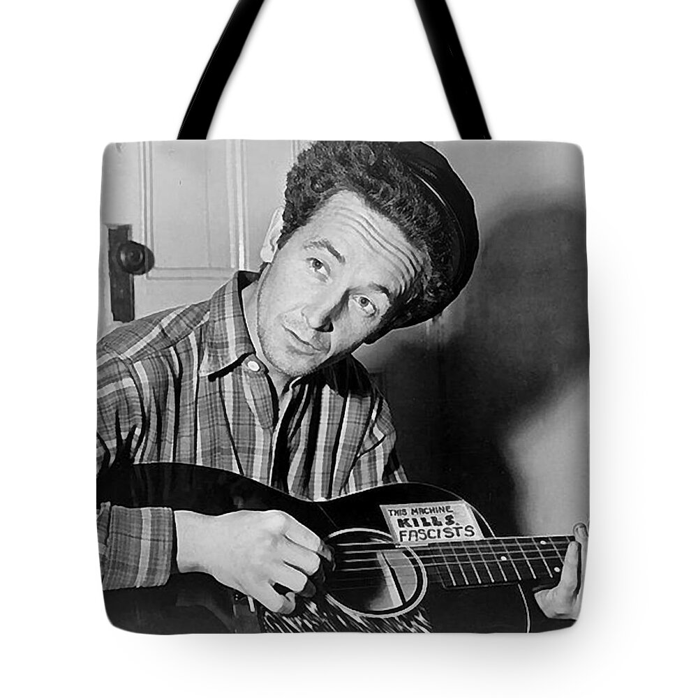 Woody Guthrie This Machine Kills Fascists Tote Bag featuring the digital art Woody Guthrie This Machine Kills Fascists by Al Aumuller