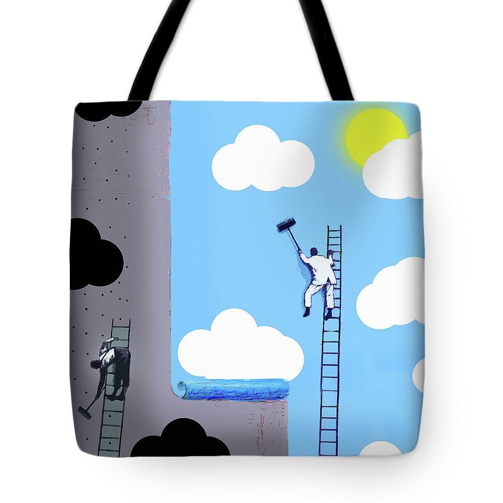 Adult Tote Bag featuring the photograph Workmen Pasting Contrasting Optimistic by Ikon Ikon Images
