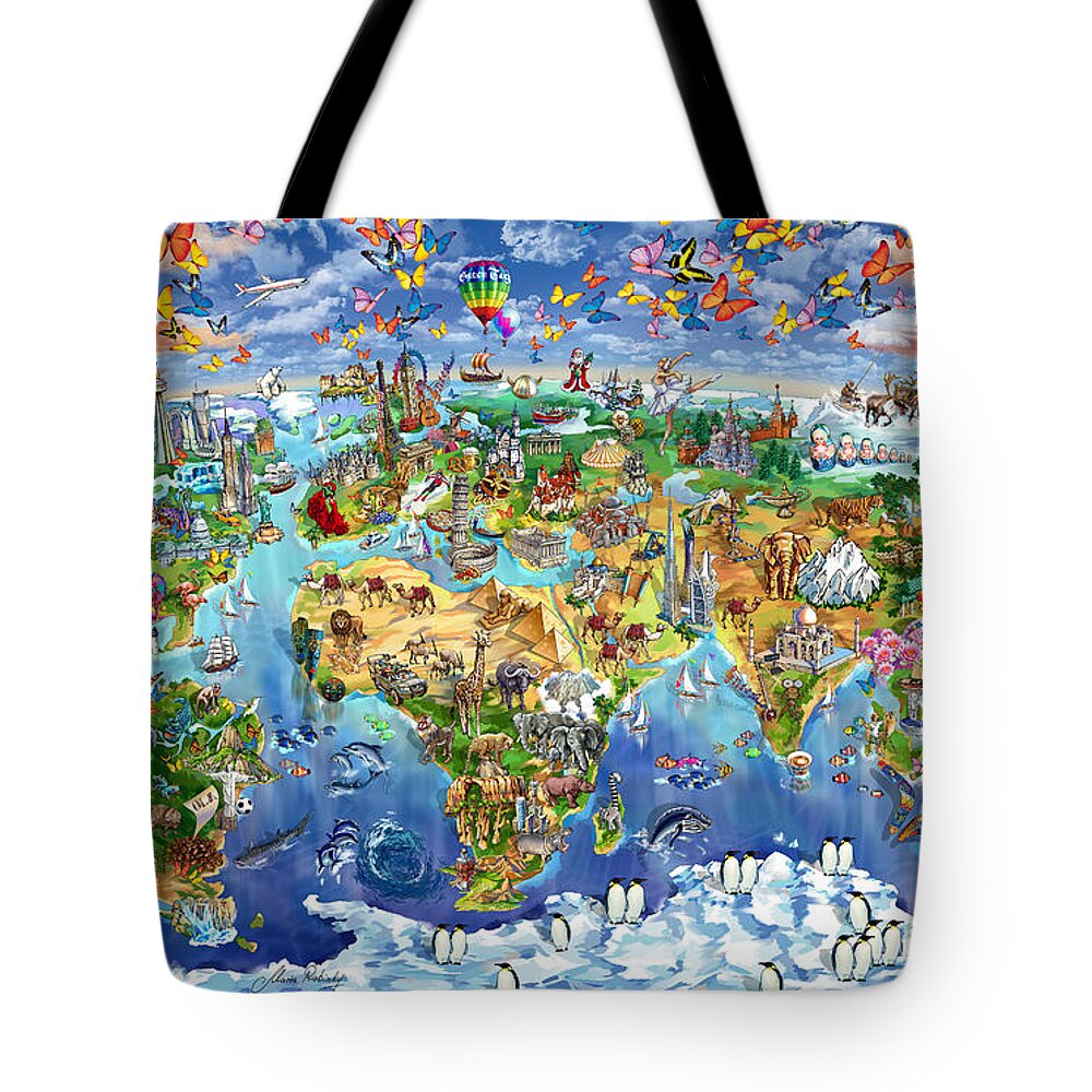 World Map Tote Bag featuring the painting World Map of world wonders by Maria Rabinky