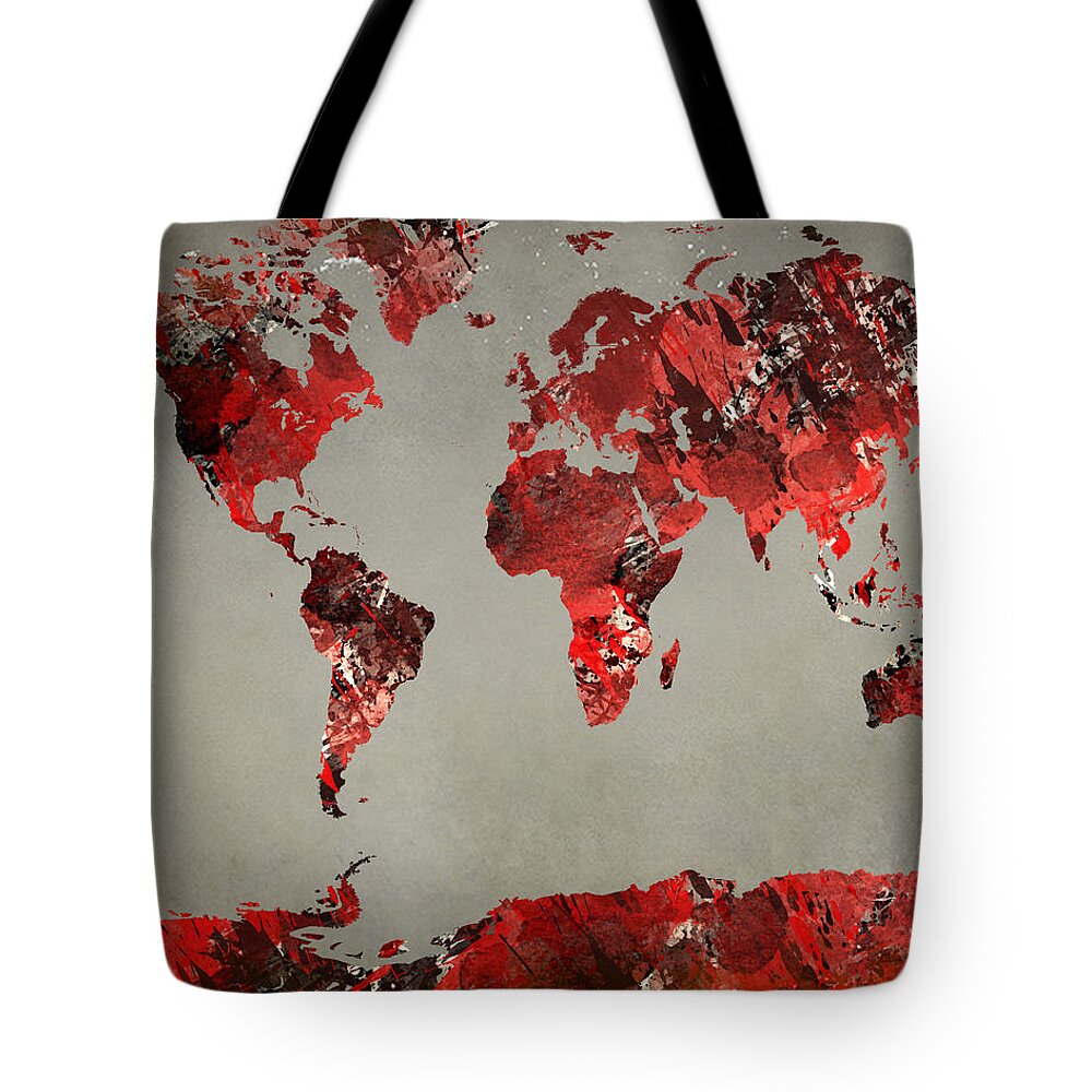 Popular Tote Bag featuring the digital art World Map - watercolor red-black-gray by Paulette B Wright