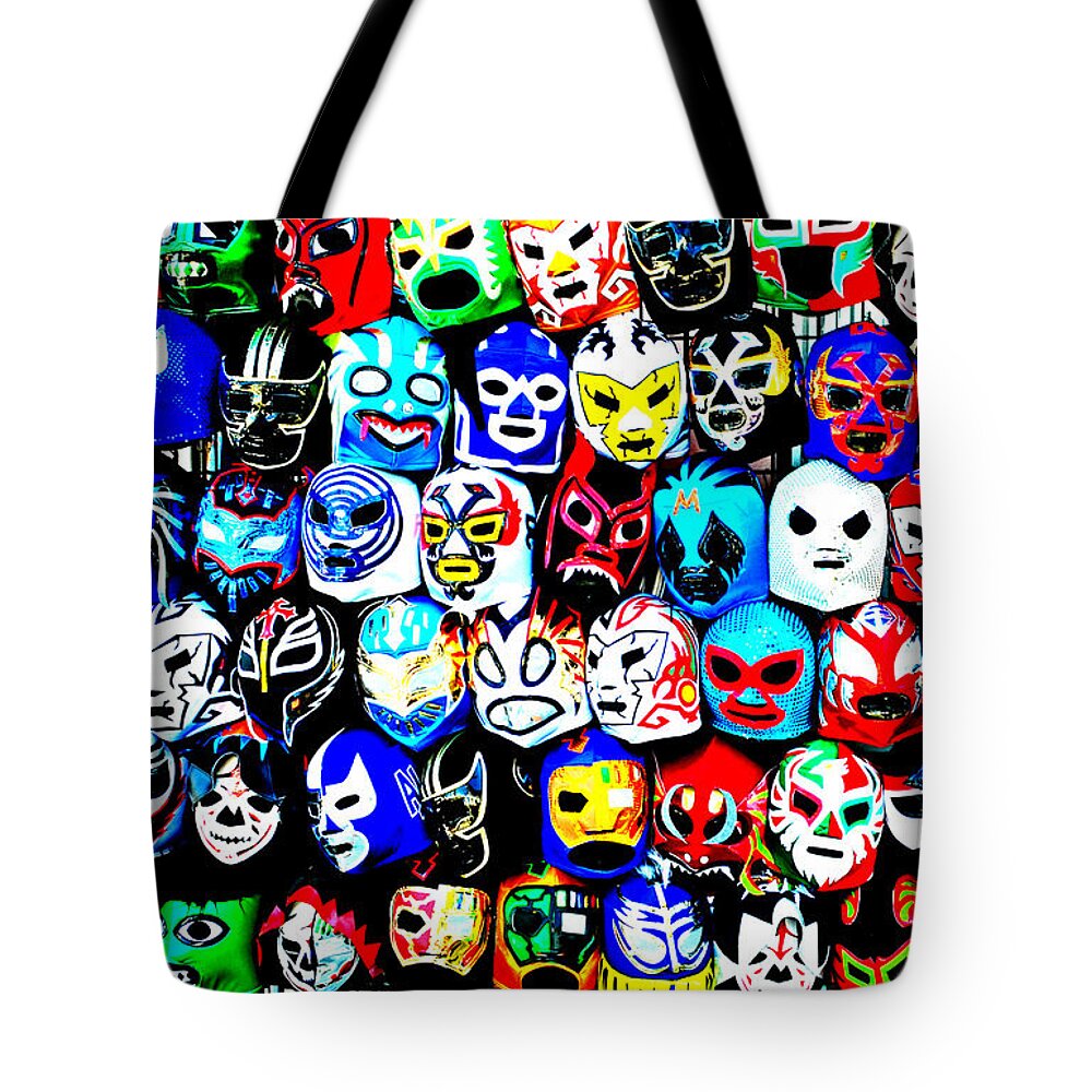 San Francisco Tote Bag featuring the photograph Wrestling Masks of Lucha Libre Altered by Jim Fitzpatrick