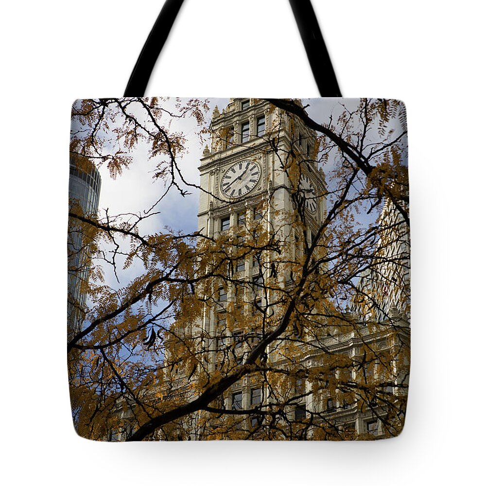Wrigley Tote Bag featuring the photograph Wrigley Building in Autumn by Leslie Leda