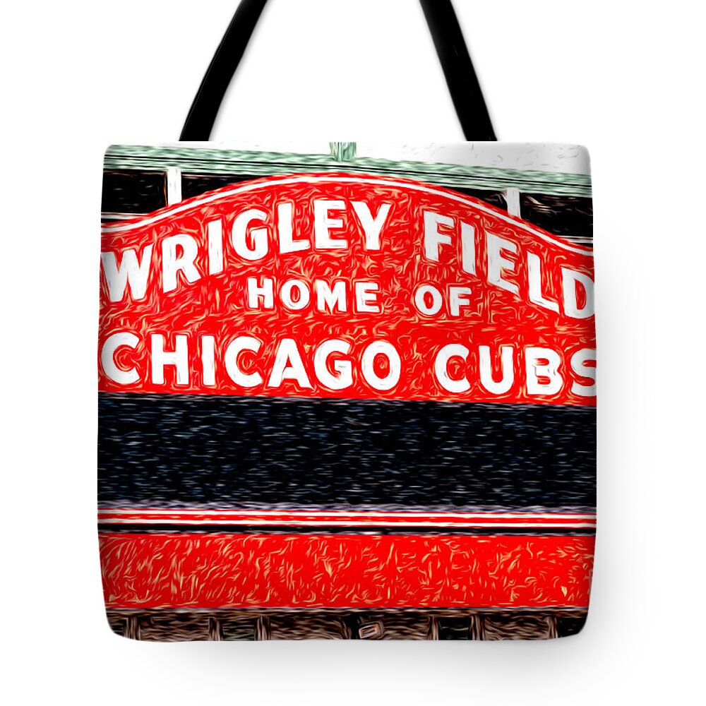 America Tote Bag featuring the photograph Wrigley Field Chicago Cubs Sign Digital Painting by Paul Velgos
