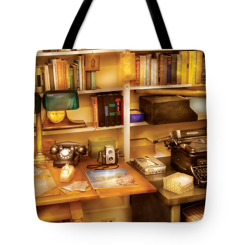 Savad Tote Bag featuring the photograph Writer - The desk of a writer by Mike Savad