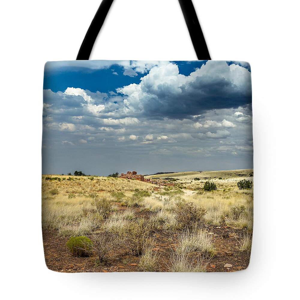 Flagstaff Tote Bag featuring the photograph Wupatki National Monument Box Canyon Area ruins by Chris Bordeleau