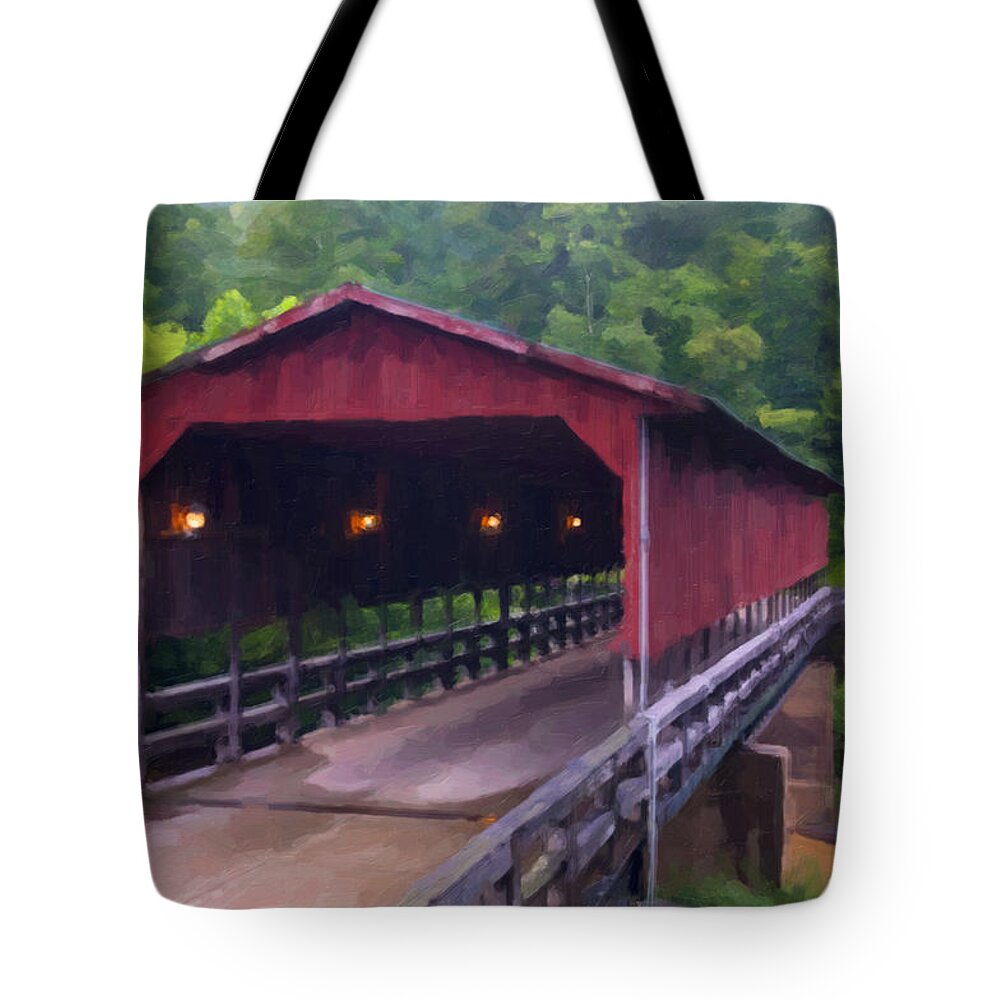 Covered Bridge Tote Bag featuring the digital art WV Covered Bridge by Flees Photos