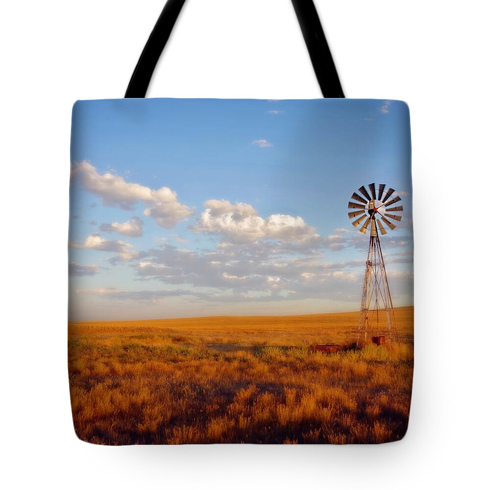 Wyoming Tote Bag featuring the photograph Windmill at Sunset by Amanda Smith