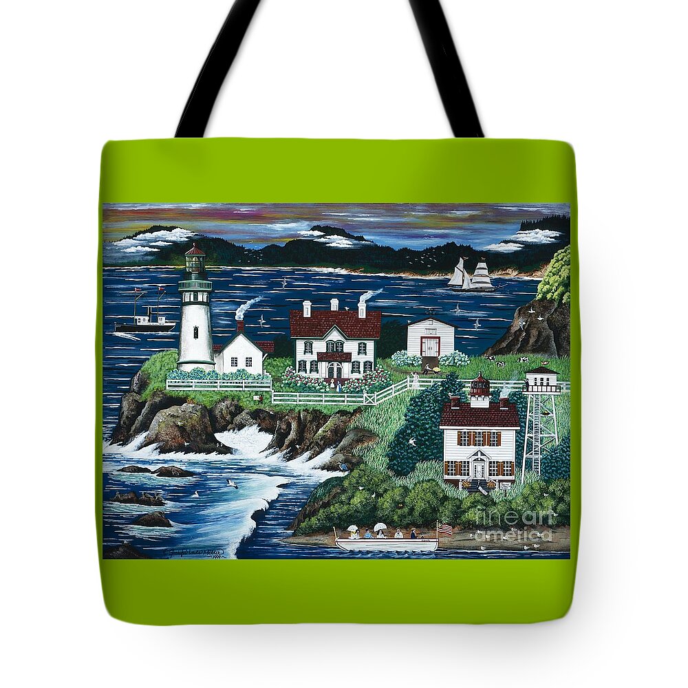 Lighthouse Tote Bag featuring the painting Yaquina Lighthouse by Jennifer Lake