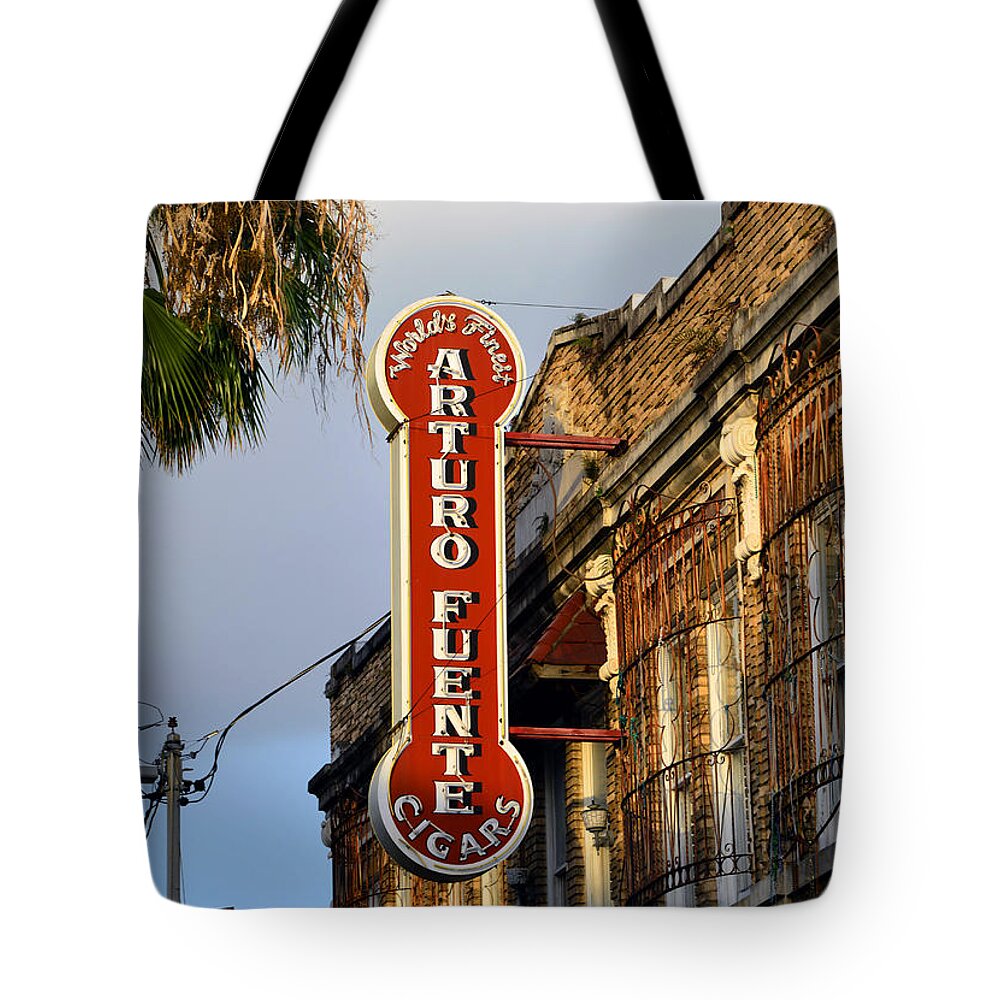 Ybor City Florida Tote Bag featuring the photograph Ybor City Cigar Sign color work one by David Lee Thompson