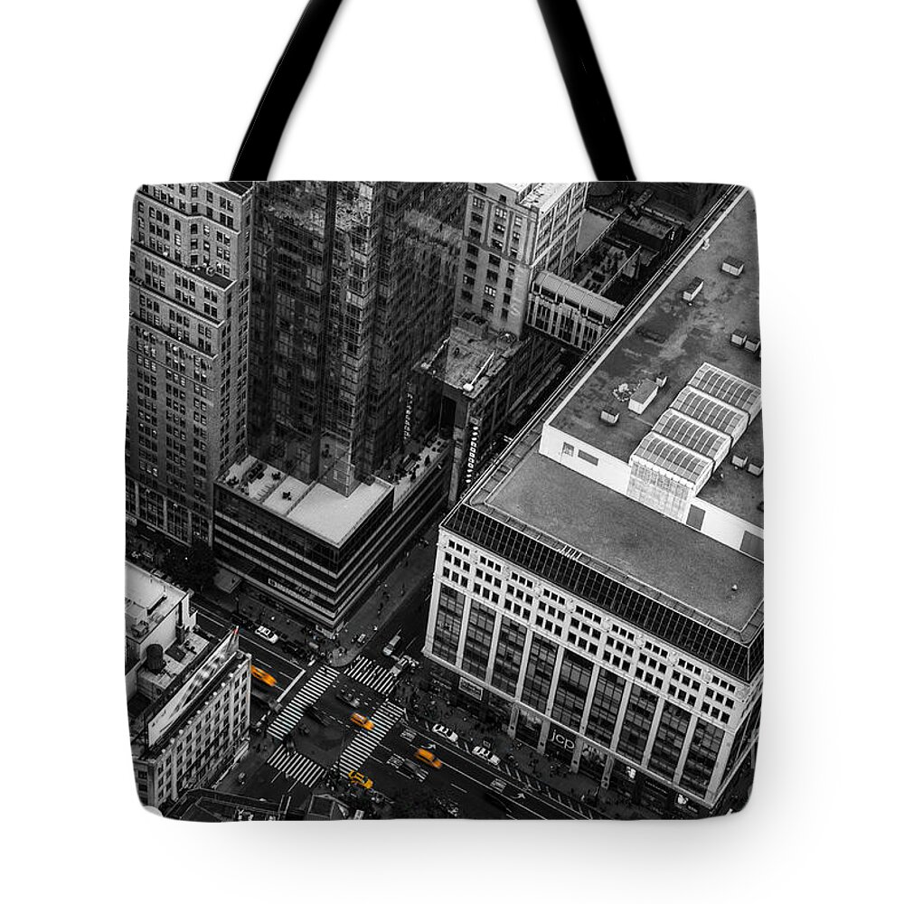 Nyc Tote Bag featuring the photograph Yellow Cabs - Bird's Eye View by Hannes Cmarits