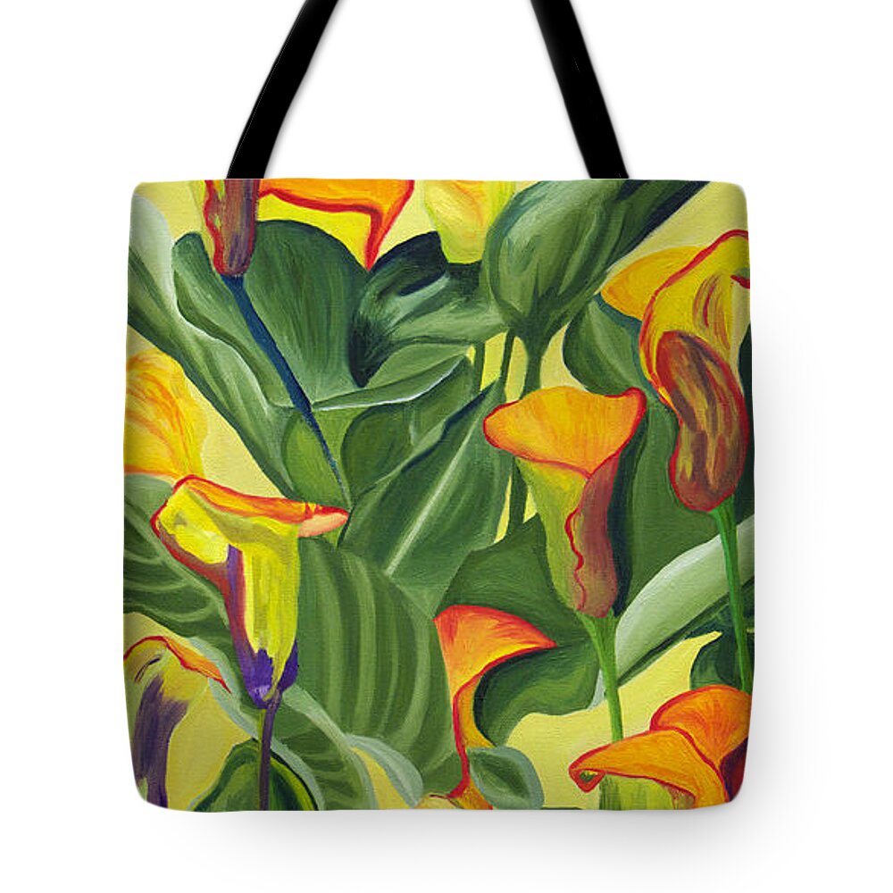Lilies Tote Bag featuring the painting Yellow Lilies by Annette M Stevenson