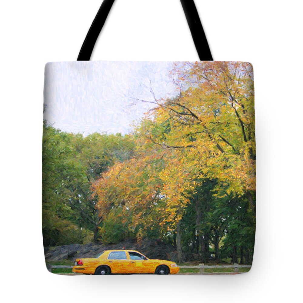 Nyc Taxi Tote Bag featuring the digital art Yellow NYC taxi driving through Central Park USA by Liz Leyden