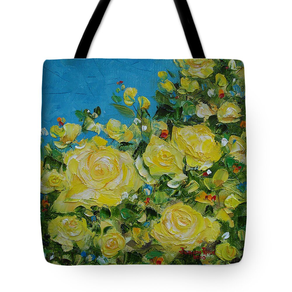 Yellow Tote Bag featuring the painting Yellow Roses by Judith Rhue