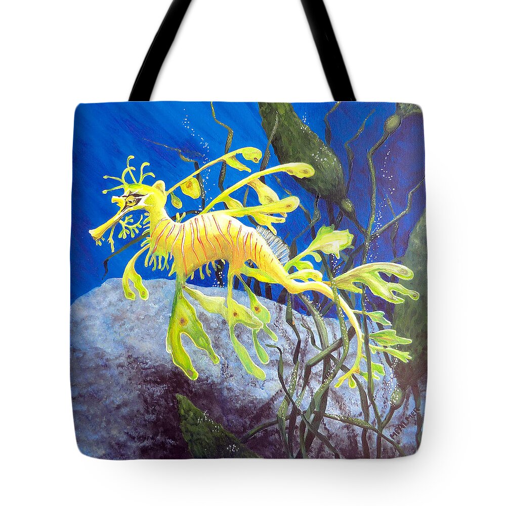 Seadragon Tote Bag featuring the painting Yellow Seadragon by Mary Palmer
