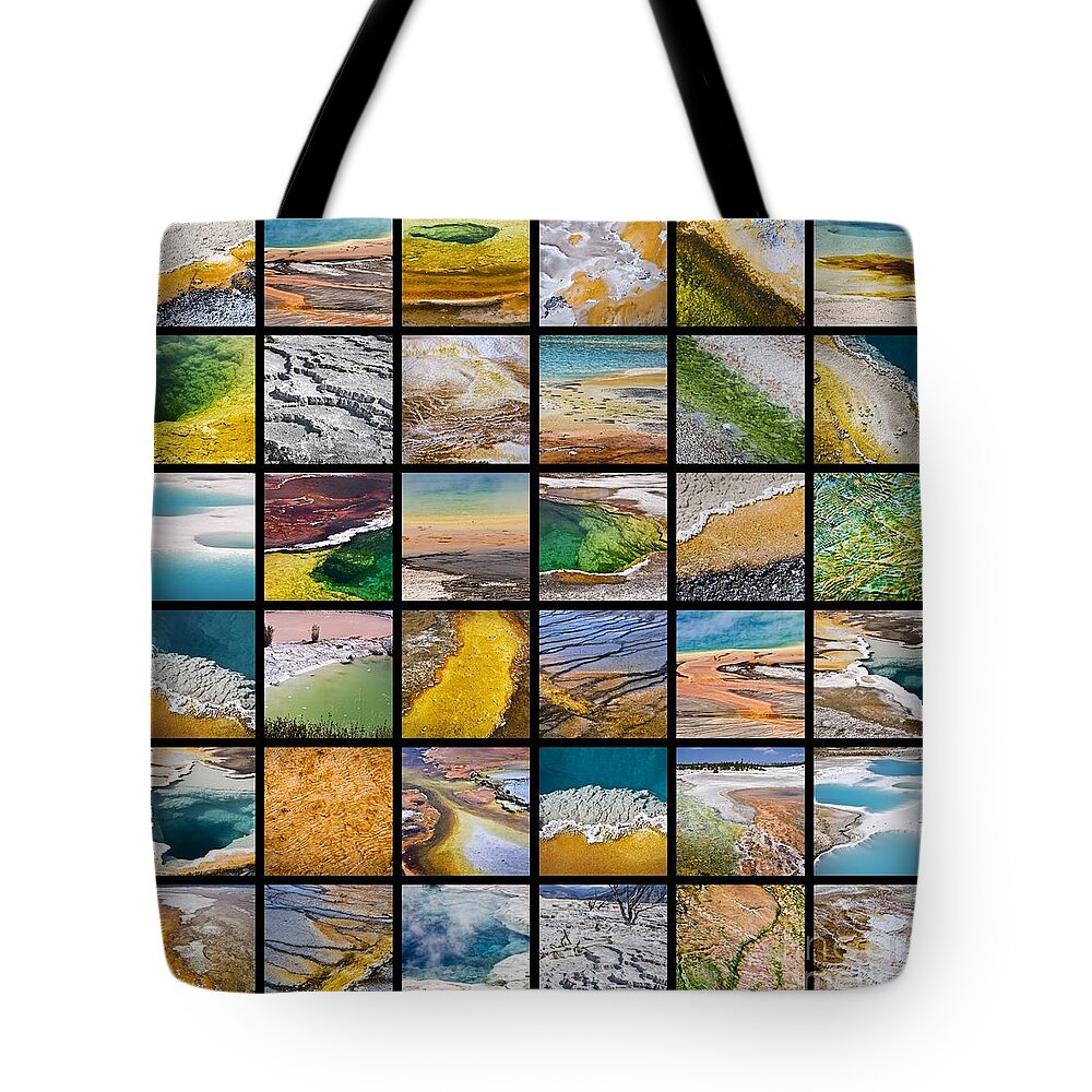 Yellowstone Tote Bag featuring the photograph Yellowstone colors, hot springs collage by Delphimages Photo Creations