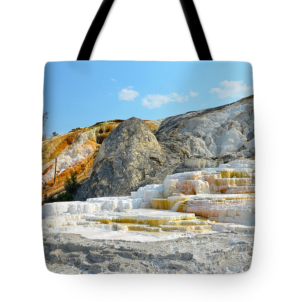 Yellowstone National Park Tote Bag featuring the photograph Yellowstone Mammoth Hot Springs Colorful Palette Spring by Debra Thompson
