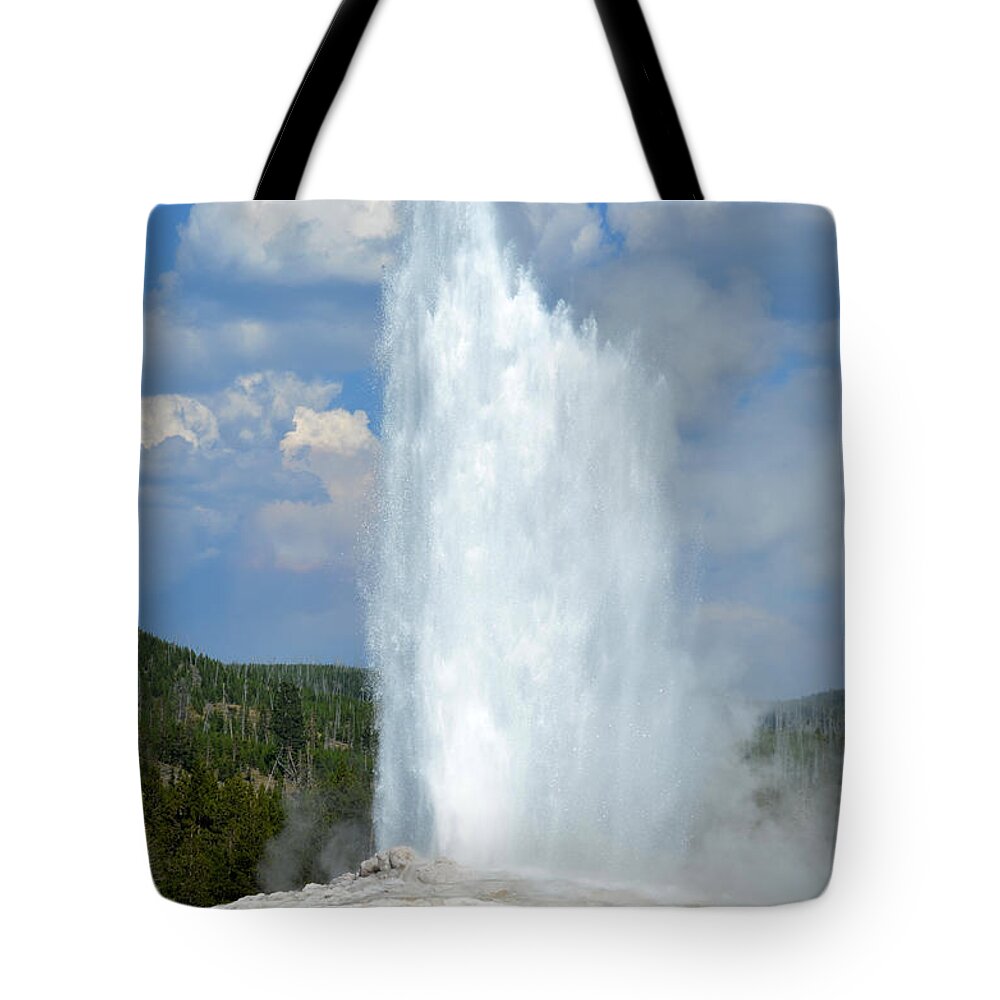 Yellowstone National Park Tote Bag featuring the photograph Yellowstone Old Faithful Geyser Errupting by Debra Thompson