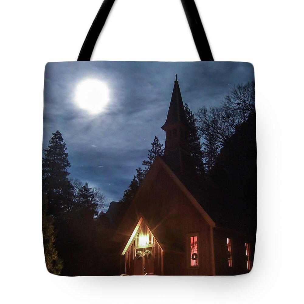 Landscape Tote Bag featuring the photograph Yosemite Chapel Under A Full Moon by Marc Crumpler