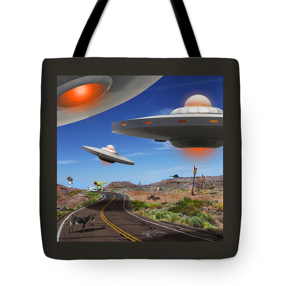 Surrealism Tote Bag featuring the photograph You Never Know What You will See On Route 66 2 by Mike McGlothlen